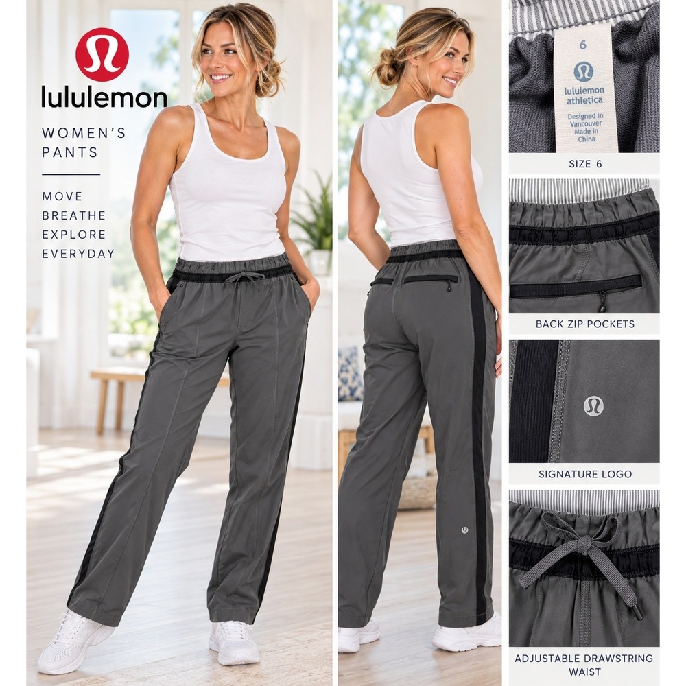 Lululemon Athletica Womens 6 Gray Black Straight Leg Pants Zip Pockets Y2K #1908